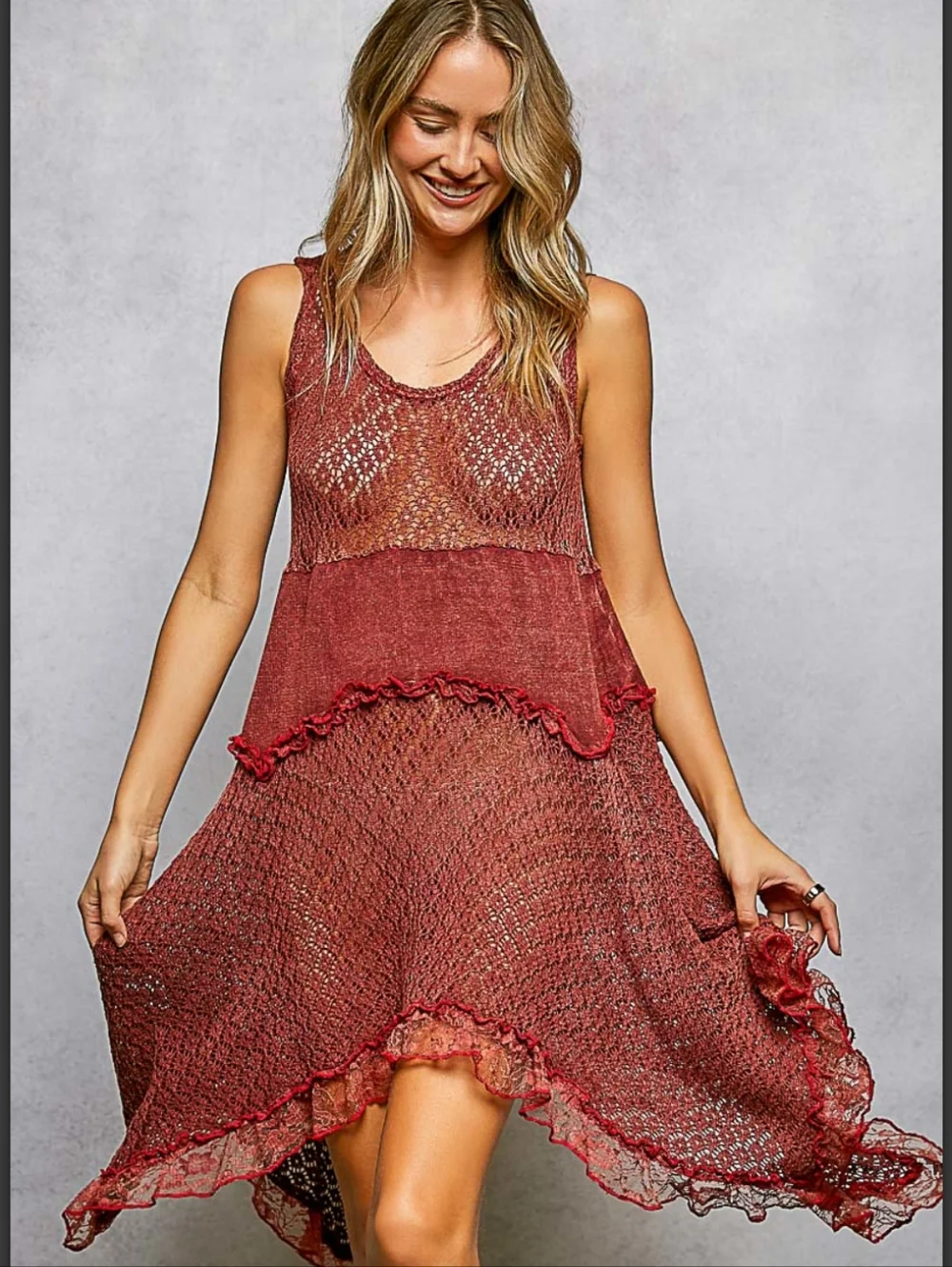 NEW ARRIVAL❣️ Powder Brick Red Crochet Ruffle Fit And Flare Airy  Sundress NIP - Picture 9 of 15